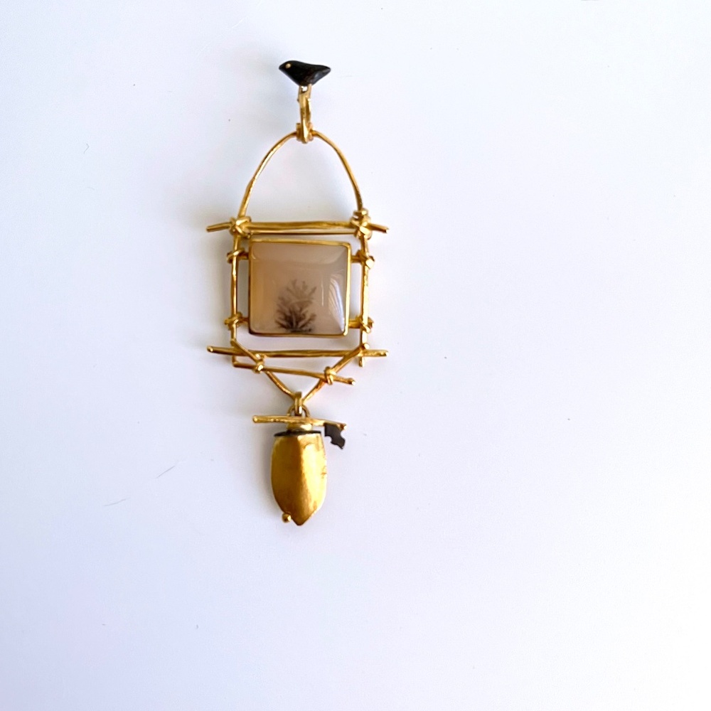 18K and 22K gold brooch with dendritic agate and bird - Picture 3 of 12